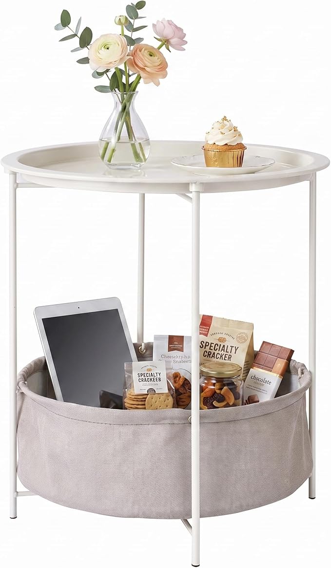 VECELO Round Side/End Table with Fabric Storage Basket，Metal Anti-Rust and Waterproof Small Bedside Nightstand with Removable Tray Top for Living Room，Balcony & Laundry，Beige/1pcs with Basket