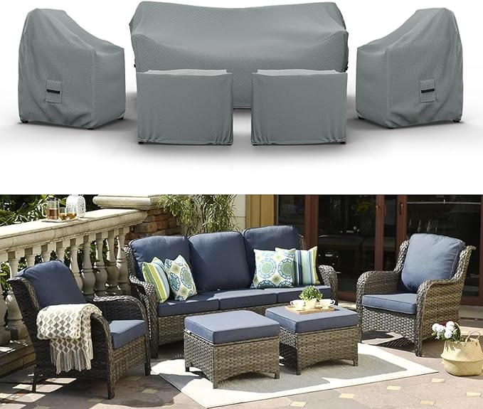 Covers & All Patio Furniture Cover Set, 5 Piece Outdoor Furniture Covers, Water-Repellent UV & Weather Resistant Covers for Sofa, Chairs & Ottomans with Elastic & Padded Handles