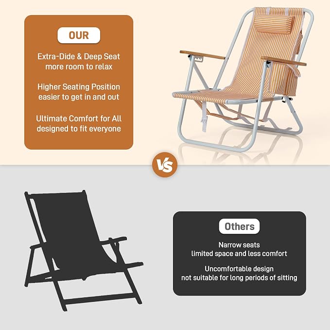 Outvita Folding Beach Chair, 4 Position Adjustable Reclining Lounge Chair with Padded Headrest, Large Rear & Side Storage Pockets, Lightweight Portable Outdoor Chair for Beach Pool Garden BBQ
