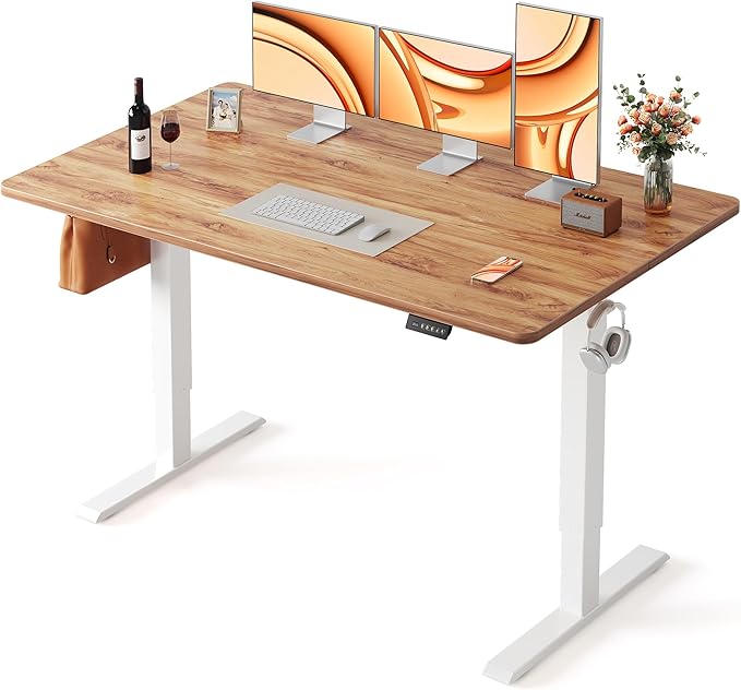 FEZIBO Standing Desk, 63×28 Inches Electric Height Adjustable, Sit Stand Up, Computer Office Desk with Splice Board, White Frame/Light Rustic TOP