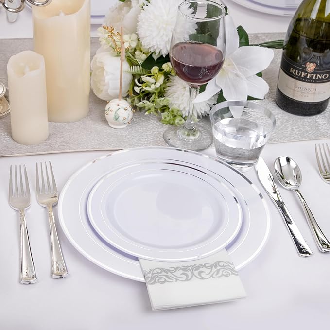175Pcs Silver Plastic Dinnerware Set, Plastic Plates Disposable for 25 Guests Include:25 Dinner Plates, 25 Dessert Plates, 25 Paper Napkins, 25 Cups, 25 Silver Plastic Silverware Set