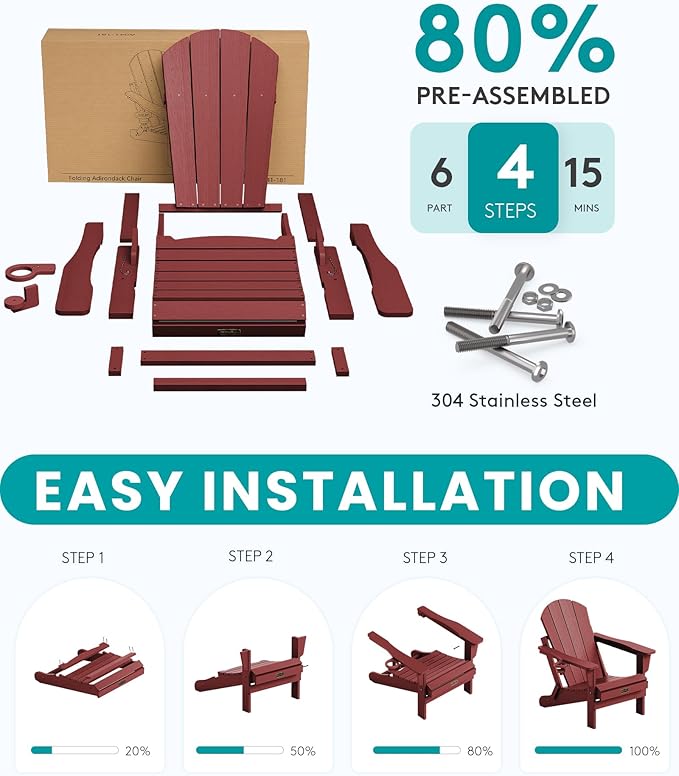 SERWALL Folding Adirondack Chair Set of 6 Weather Resistant Lawn Chairs with Cup Holder for Patio - Red