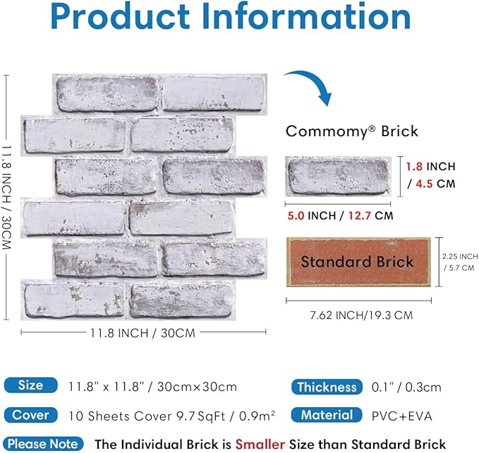 COMSTICKC 3D Faux Brick Wall Panel Peel and Stick, Small Size, Ultra-Light PVC