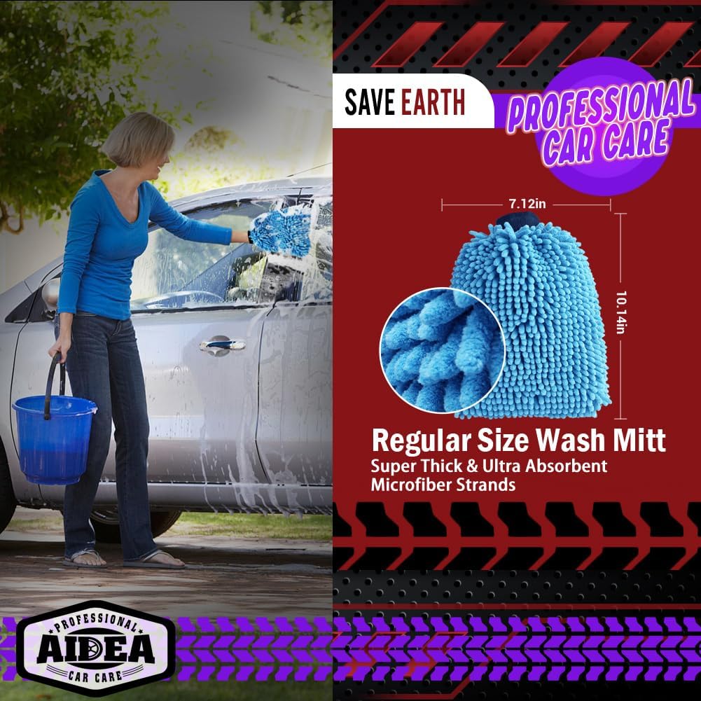 AIDEA Car Wash Mitt Microfiber, 1PK Scratch Free Lint-Free, Premium Chenille Microfiber Sponge Mitt Car Wash Brush, Blue, Regular Size 7.12''X10.14''