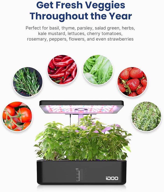 iDOO Hydroponics Growing System Kit 12Pods, Indoor Herb Garden with LED Grow Light, Built-in Fan, Auto-Timer, Adjustable Height Up to 11.3", for Home School Office, Gifts for Women Men Fathers