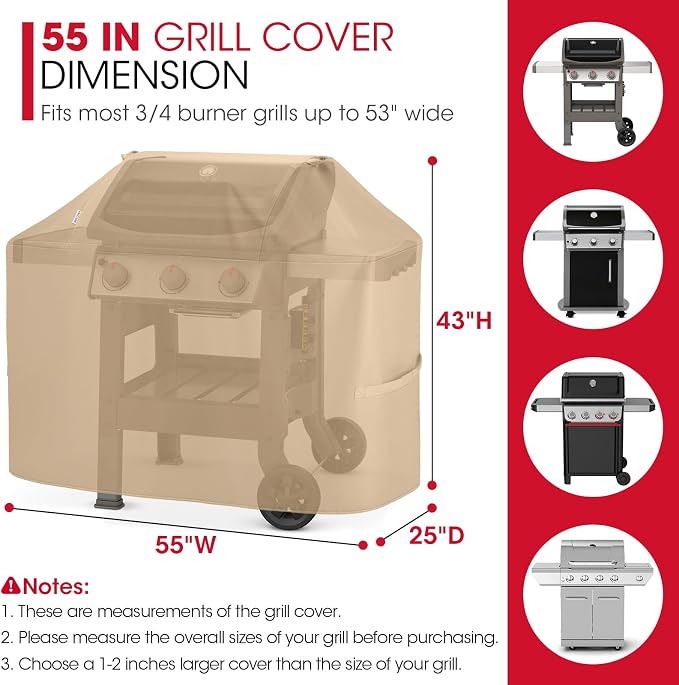 Unicook Grill Cover for Outdoor Grill 55 Inch, Heavy Duty Waterproof BBQ Cover for Outside, Compatible with Weber Char-Broil Nexgrill 3-4 Burner Gas Grills, All Weather Protection, Light Brown