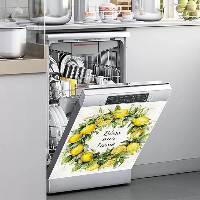 Generic Lemon Wreath Dishwasher Magnet Covers, Bless Our Home Fruits Painting Dishwasher Door Season Decorative Magnetic Stickers, 23x26 Floral Panel Decals for Kitchen Decor Refrigerator