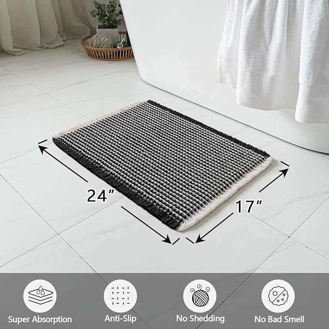 MIULEE Set of 2 Waffle Bathroom Rugs, Boho Bath Rugs Non Slip Washable, Super Absorbent Bath Mats, Ultra Soft Rubber Backed Shower Mats for Bathroom Floor, Tub and Shower, Black & Cream, 17x24 Inch