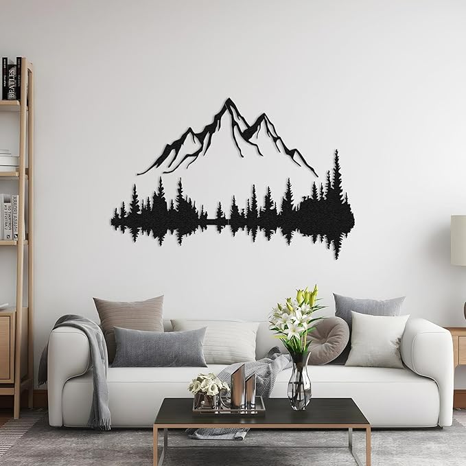 Mountain Lake Forest Large Metal Wall Art Black Minimalist Nature Silhouette Wall Decor Outdoor Landscape Wall Sculpture for Living Room, Bedroom, Kitchen or Office (Black, 24W'' x 16L'', Unframed)
