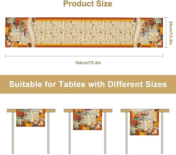 Fall Pumpkin Table Runner Rustic Farmhouse Mushrooms Leaves Berries Lanterns Thanksgiving Theme Home Decor for Farmhouse Indoor Outdoor Party Holiday Dining Kitchen Restaurant Cafe W13xL60in