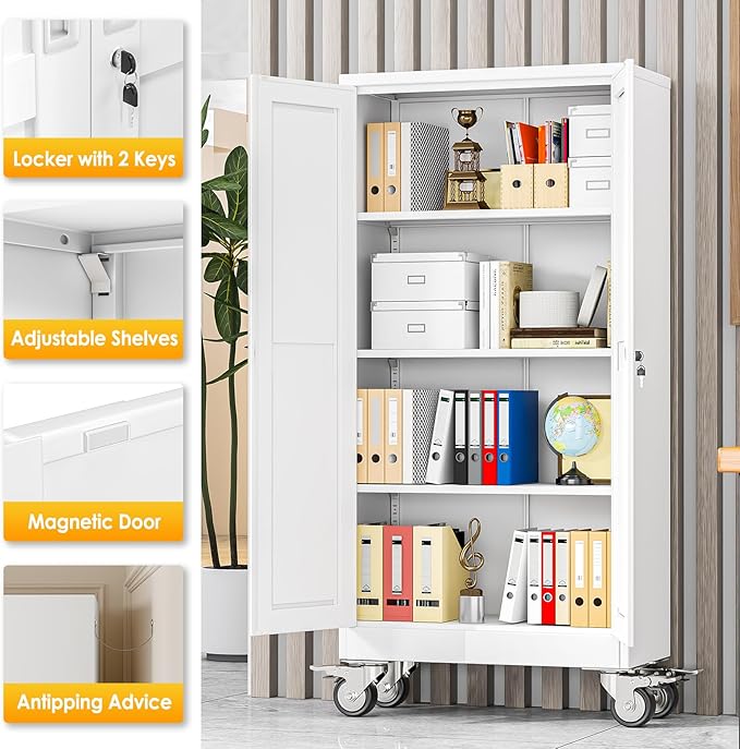 61''H Metal Garage Storage Cabinet with Wheels,Steel File Cabinets with 2 Doors and 3 Adjustable Shelves for Home Office, Warehouse, Required Assembly,White