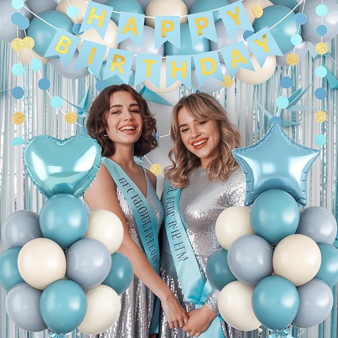Blue Birthday Party Decorations for Boys Men Dusty Blue Sand White Balloon Set with Star Heart Foil Balloons Happy Birthday Bunting Banner Garland Navy Light Cream Beige Party Decor Kit Baby Girls