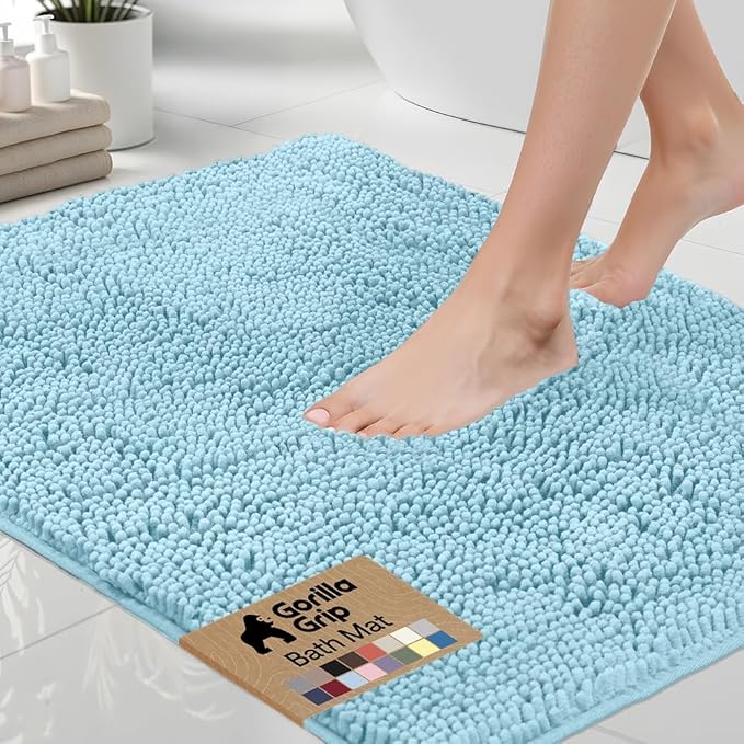 GORILLA GRIP Bath Rug Mat 44x26, Thick Soft Absorbent Chenille, Quick Dry Microfiber Mats, Rubber Backing Washable Shower Floor Rugs, Bathmat Runner, US Designed Bathroom Home Decor Accessories Sky