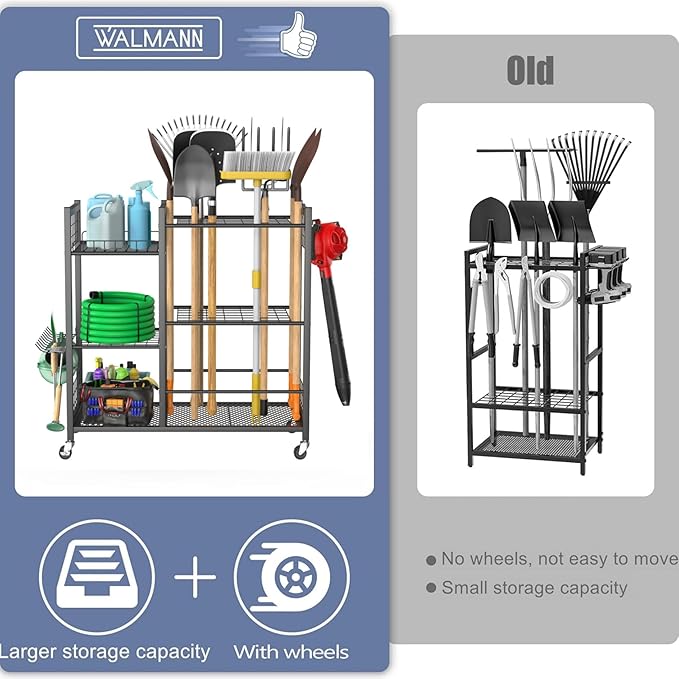 WALMANN Large Garden Tool Organizer with Wheels for Garage, Rakes/Shovels/Yard Tools Storage Stand for Yard, Garden, Indoor/Outdoor Long-Handled Tools Rolling Cart(Tool stand with shelves)