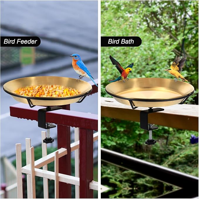 HRAYLTOP Deck Mounted Bird Bath Bird Feeder Bowl with 1.8 inch Thick Iron Clamp - Detachable Outdoor Decor for Garden Backyard Patio and Deck - Perfect for Attracting Birds