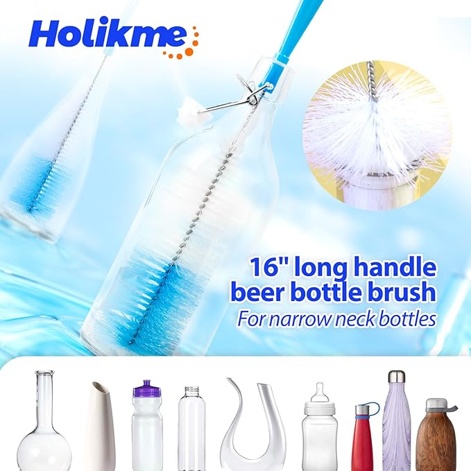 Holikme Bottle Brush Tube Cleaning Lab Set with Long Handle, Cup Cleaner for Washing Narrow Neck Beer Wine Decanter Pipes Lids Sinks Cap Covers, Pink
