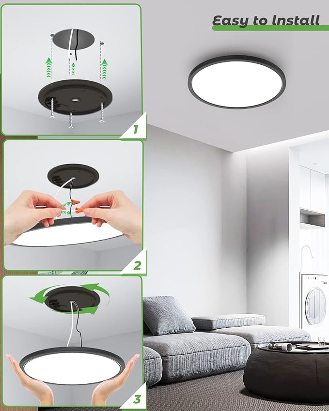 zemty 12 Inch Black Ceiling Light - 28W 3200lm LED Ceiling Light Flushmount, 3 Color Temperature in One 3000k/4500k/6000K Modern Ceiling Lamp for Bedroom Kitchen DiningRoom - 2Pack