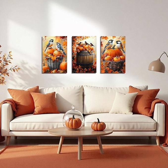 YMXDYMJSW Autumn Wall Art 3 Pieces Pumpkin with Sparrows Picture Prints Fall Harvest Birds Canvas Painting Thanksgiving Theme Artwork for Farmhouse Decor Frame (Yellow,12.00" x 16.00" x 3PCS)