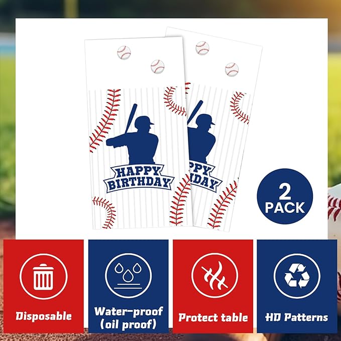 2 Packs Baseball Tablecloth Plastic 54 X 108Inch, Baseball Party Decorations Table Cloth Disposable Rectangle Sports Ball Table Cover for Baseball Birthday Party Supplies (Baseball)