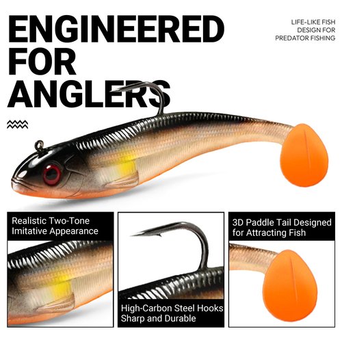 3.5In 0.42Oz Pre-Rigged Swim Baits for Bass Fishing - Jig Heads Soft Plastic Walleye Lures, Paddle Tail Swimbaits for Bass, Crappie & Trout Lures, Fishing Bait for Saltwater & Freshwater