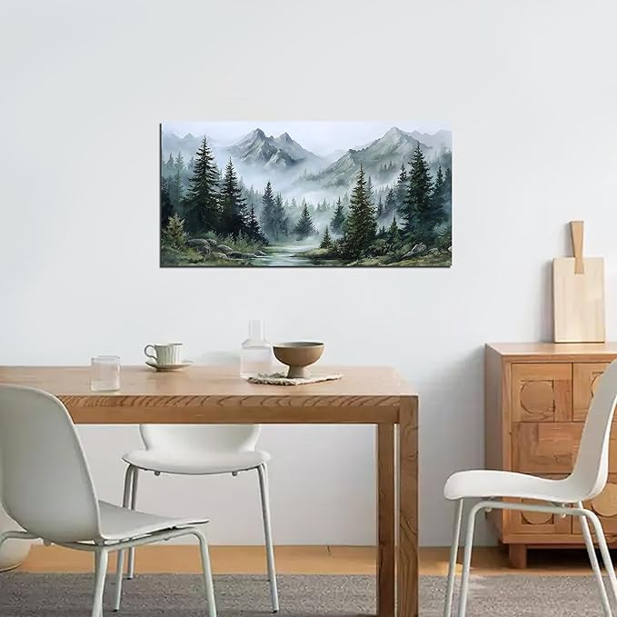 Tarfupth Large Misty Forest Wall Art for Living Room Green Nature Mountain Landscape Canvas Artwork with Trees and River Nature Art for Bedroom Office Home Decor 20x40 Inch
