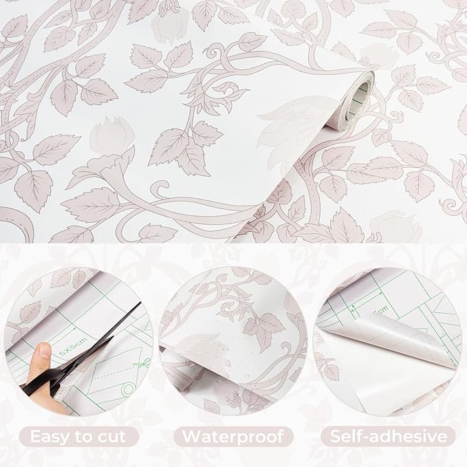 YXTII 17.3" × 393.7" Pink Peel and Stick Wallpaper, Floral Wallpaper