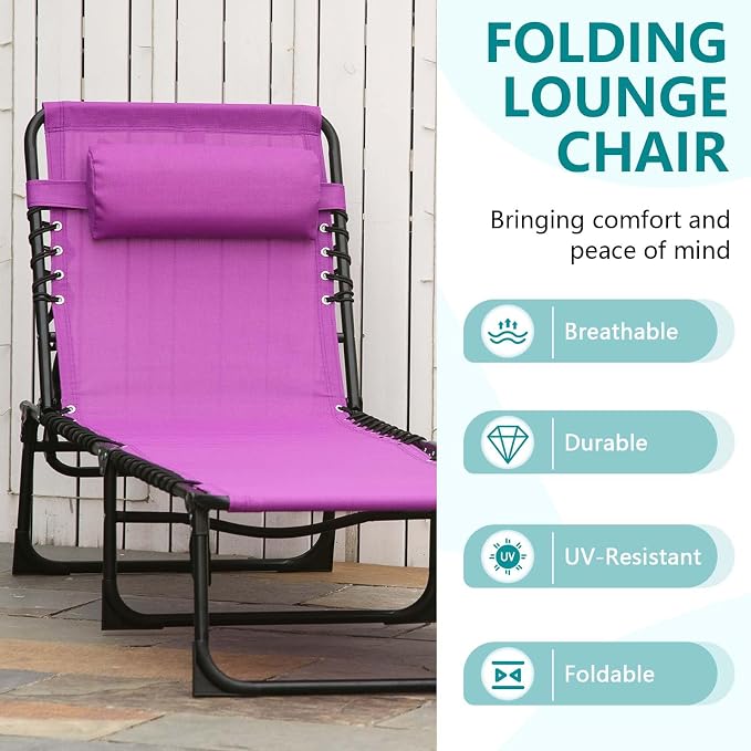 Outdoor Sun Tanning Chair Folding, Heavy Duty Adjustable 4-Position Folding Laying Out Chairs for Tanning, Beach Lounge Chairs for Adults for Sunbathing Patio Pool Lawn (Purple)