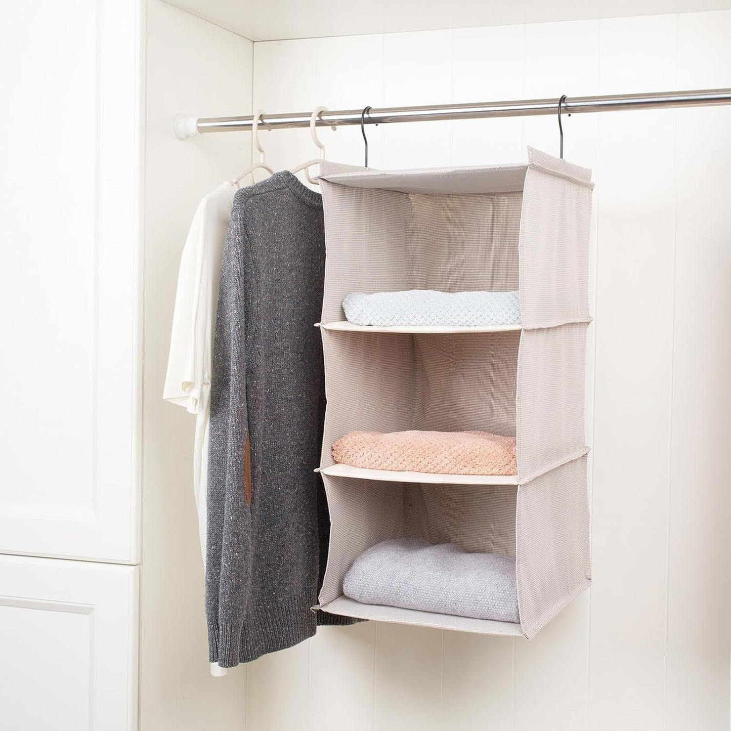 Hanging Closet Organizer, Easy Mount Foldable 3-Shelf Hanging Closet Wardrobe Storage Shelves, Clothes Handbag Shoes Accessories Storage, Imitation Linen Fabric, Beige Houndstooth