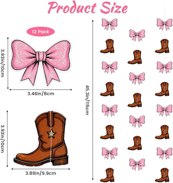 12 Pcs Hanging Boots or Bows Gender Reveal Decorations Boots and Bows Gender Reveal Confetti Western Theme Garland Brown and Pink for Cowboy Cowgirl Baby Shower Parties