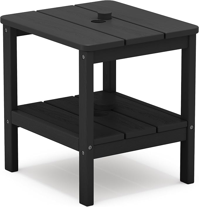 SERWALL 2-Tier HDPE Outdoor Side Table with Umbrella Hole, Weatherproof Rectangular Adirondack Side Table, Black