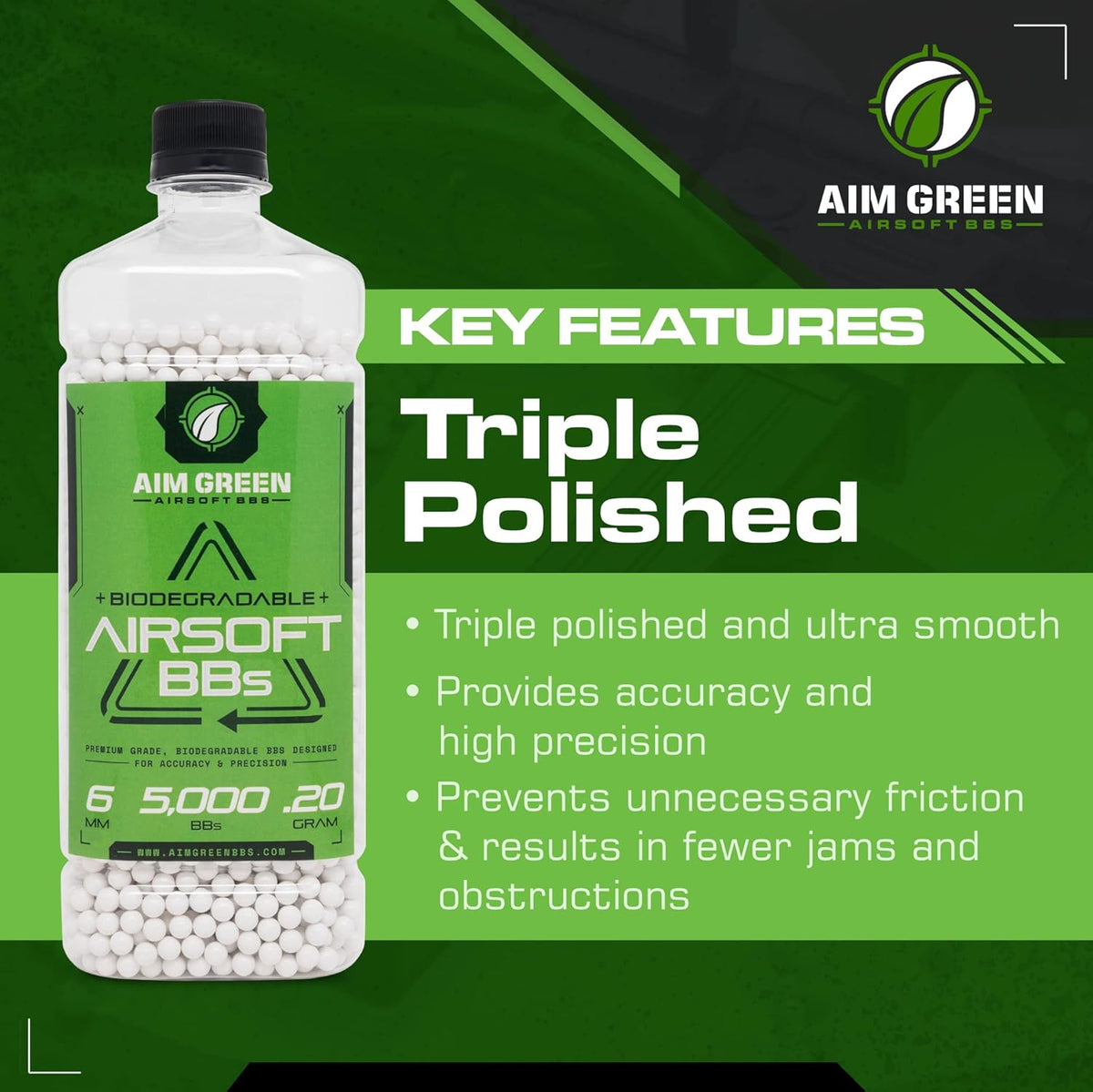 Aim Green Biodegradable Airsoft BBs - Premium 6mm, 20g to 40g, Available in 2,500 to 10,000 Count
