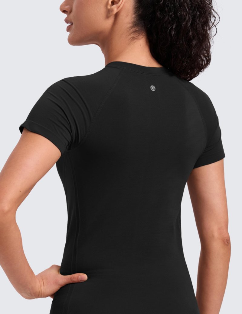 CRZ YOGA Seamless Workout Tops for Women Hip Length - Athletic Running Gym Yoga Short Sleeve Shirts Breathable Crewneck Tees Black X-Small