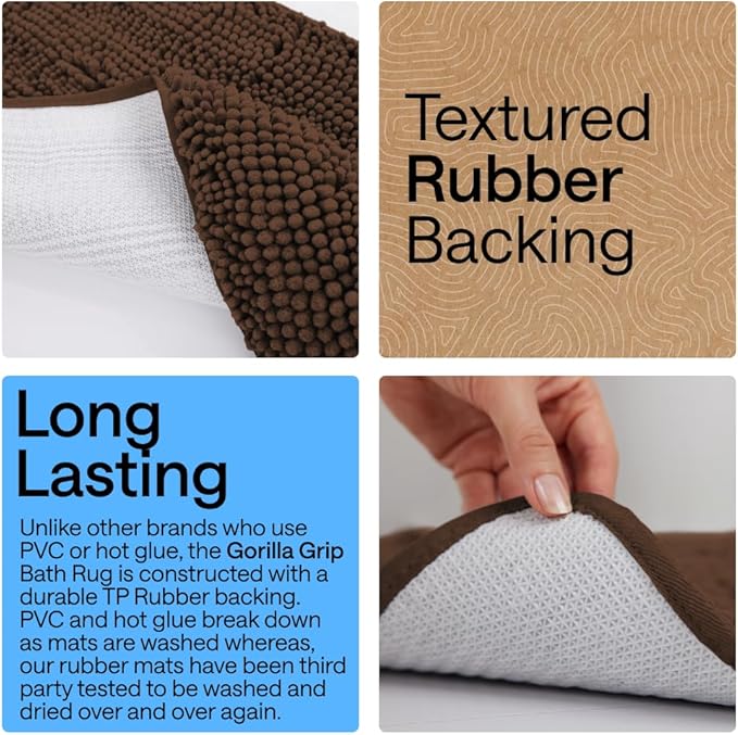 GORILLA GRIP Bath Rug Mat 36x24, Thick Soft Absorbent Chenille, Quick Dry Microfiber Mats, Rubber Backing Washable Shower Floor Rugs, Bathmat Runner, US Designed Bathroom Home Decor Accessories Brown