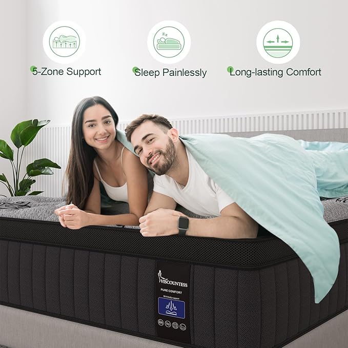 Queen Mattress, 14 Inch Hybrid Mattresses in Box with Gel Memory Foam & Pocket Spring, Euro Top, Medium Firm for Back Support & Pressure Relief, Motion Isolation, Grey