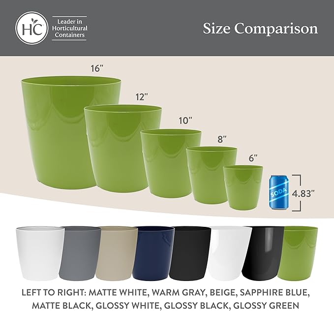 The HC Companies Aria Round Self-Watering Pot - Lightweight Plastic Planter for Herbs & More - Durable Plant Pots for Indoor Plants & Outdoor Plants (8" Warm Gray, Pack of 2)