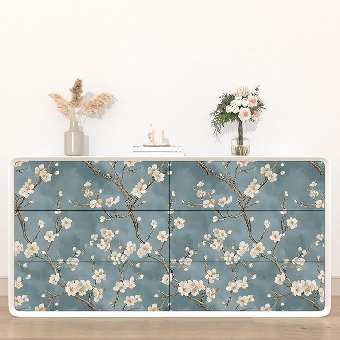 Blue Floral Wallpaper Peel and Stick Vintage White Flowers Contact Paper Vinyl