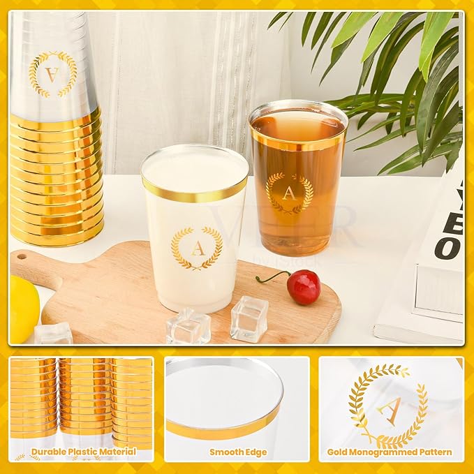 100 Pieces Monogrammed Plastic Cups Gold Foil Letter A Disposable Cups 12 oz Clear Initial Party Cups for Wedding Birthday Baby Shower Personalized Party Drinkware