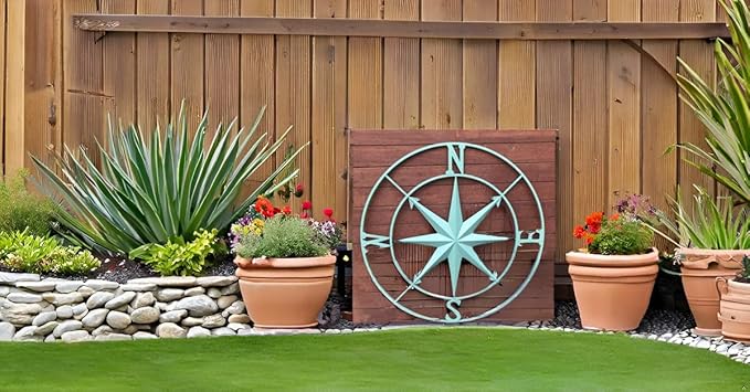 Nightclawing Nautical Metal Compass Wall Décor, Indoor/Outdoor Décor, 41L x 41H x 2W inches,Blue