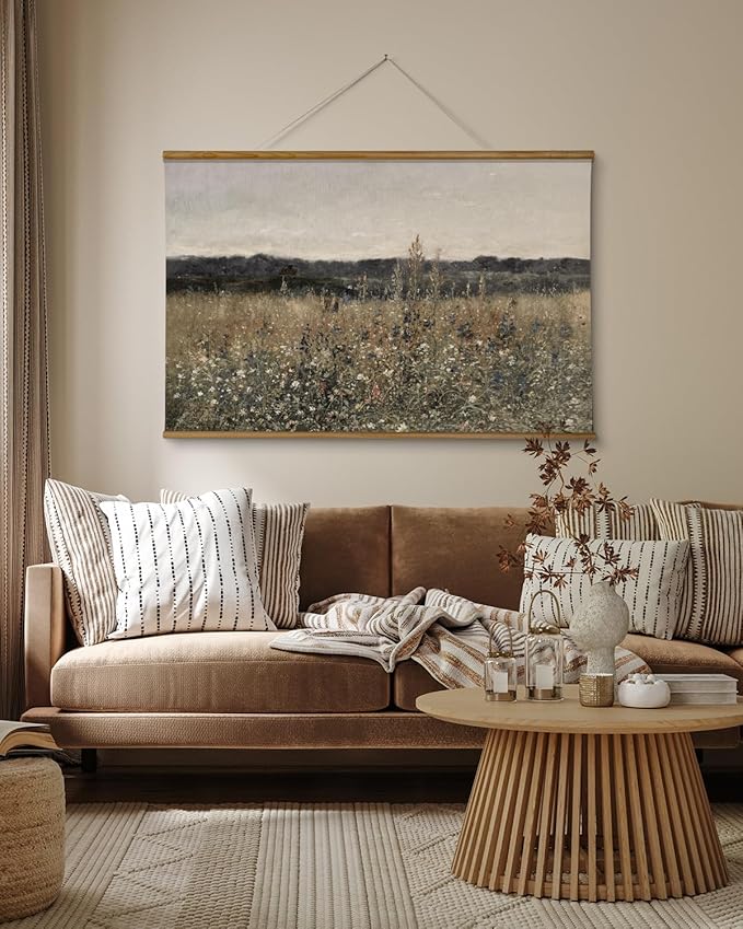 ARPEOTCY Extra Large Vintage Framed Wall Art, 36x54 Inch Flower Meadow Landscape Hanging Framed Wall Art Decor for Living Room Bedroom, Canvas Prints, Retro Scenery Pictures Above of Bed