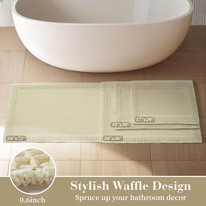 RESARE Waffle Bathroom Runner Rugs, Super Absorbent Bath Mat Non Slip Washable Quick Dry, Ultra Soft Quick Dry Boho Bath Rugs with Tassels for Hallway Bedroom Laundry Room, 2'x4'(24"x48"), Cream