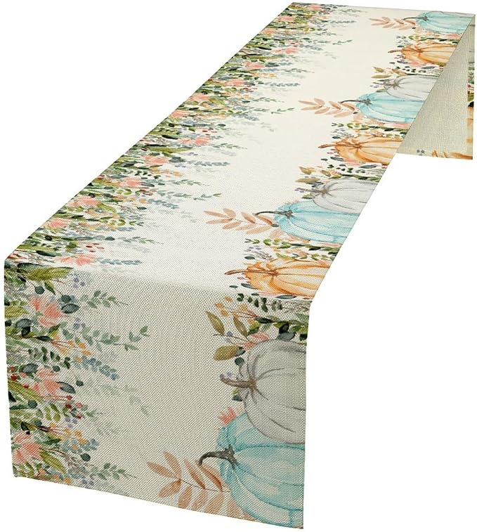 Fall Table Runner Blue Pumpkin Colorful Eucalyptus Leaves Thanksgiving Orange Green Watercolor Illustration Decor for Farmhouse Indoor Outdoor Party Holiday Dining Kitchen Restaurant Cafe W13xL60in