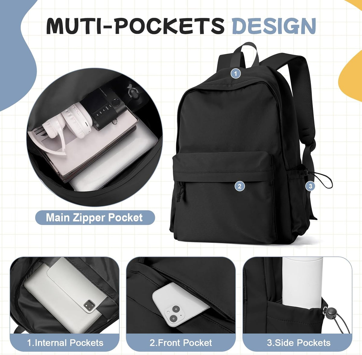 PAUBACK Black School Backpack - Waterproof Lightweight Book Bag for Girls, Teens & Women