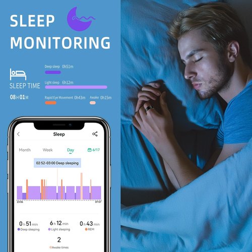 MZJ Smart Ring Fitness Tracker for iOS & Android – Sleep Monitor Heart Rate Blood Oxygen & Pressure 8 Sports Modes IP68 Waterproof NO Subscription Long Battery Life (Carbon Black, 7#)