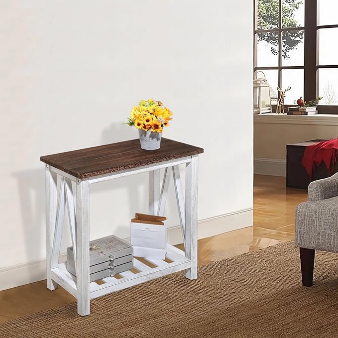 Farmhouse End Table Narrow Side Table Living Room Slim End Tables with Storage Shelf 2 Tier Nightstand for Bedroom Hallway Dormitory, Rustic Brown and White