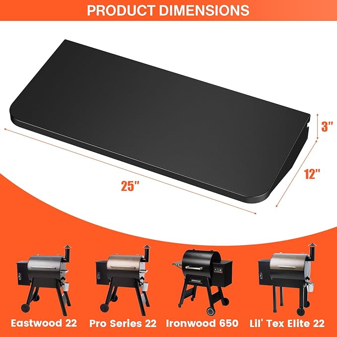 QuliMetal for Traeger Grills BAC362 Folding Front Shelf– Steel Grill Accessory for Pro 22, Pro 575, Ironwood 650, Century 22 Pellet Grills, Ideal for Food Prep and Storage, 25'' X 12''