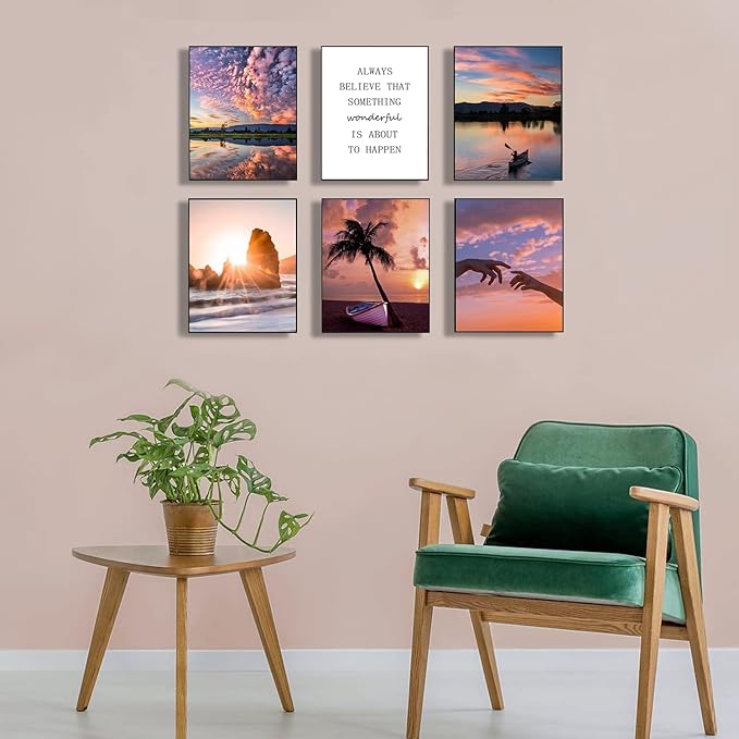 HoozGee Sunset Wall Art Prints Travel Photo Set of 6 Enjoy Dusk Dream View Picture Posters Gift for Photography Fans Nautical Themed Home Decor for Living Room Wall Decor (8"x10" UNFRAMED)