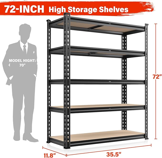 REIBII 72" H Garage Shelving Heavy Duty Shelves for Storage 2000LBS Garage Storage Shelves Adjustable 5 Tier Metal Storage Shelving Unit for Craft Warehouse Pantry Basement 72''*35.5''*11.8'' 4 Pack