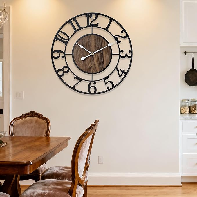 Large Metal Wall Clock, 24 Inch Retro Decorative Silent, Non Ticking, Battery