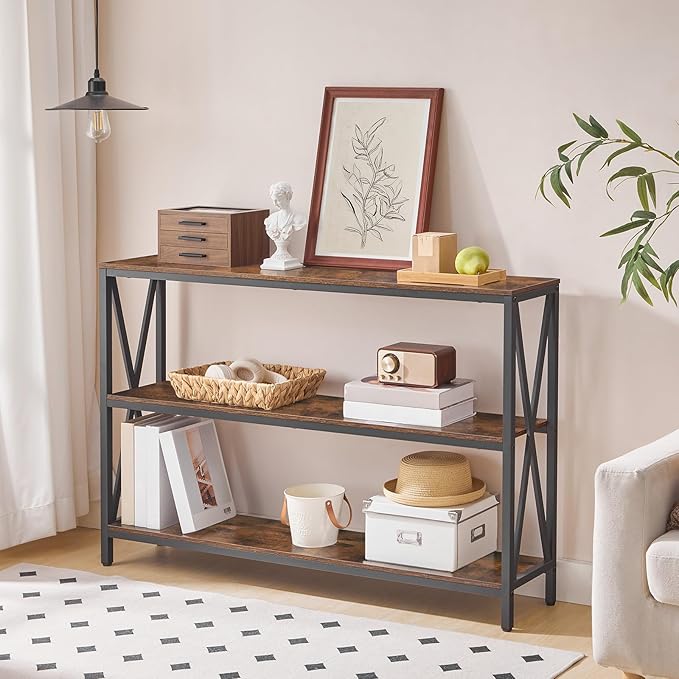 47.2" Sofa Table, Industrial Console Table, 3-Tier Narrow Side Table with Open Shelves, Foyer Table for Entryway, Hallway, Kitchen, Living Room and Bedroom, Rustic Brown CTHR800201