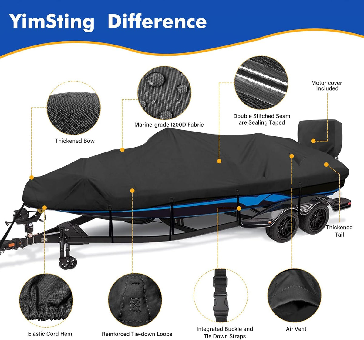 1200D Waterproof Boat Cover - Heavy-Duty Canvas for 14' to 16' Bass, V-Hull & Tri-Hull Boats - Black